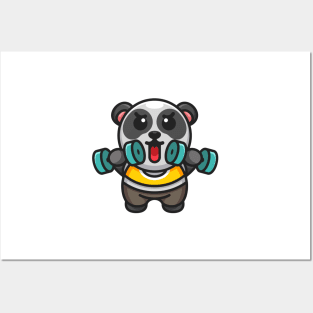 Cute panda lifting dumbbells Posters and Art